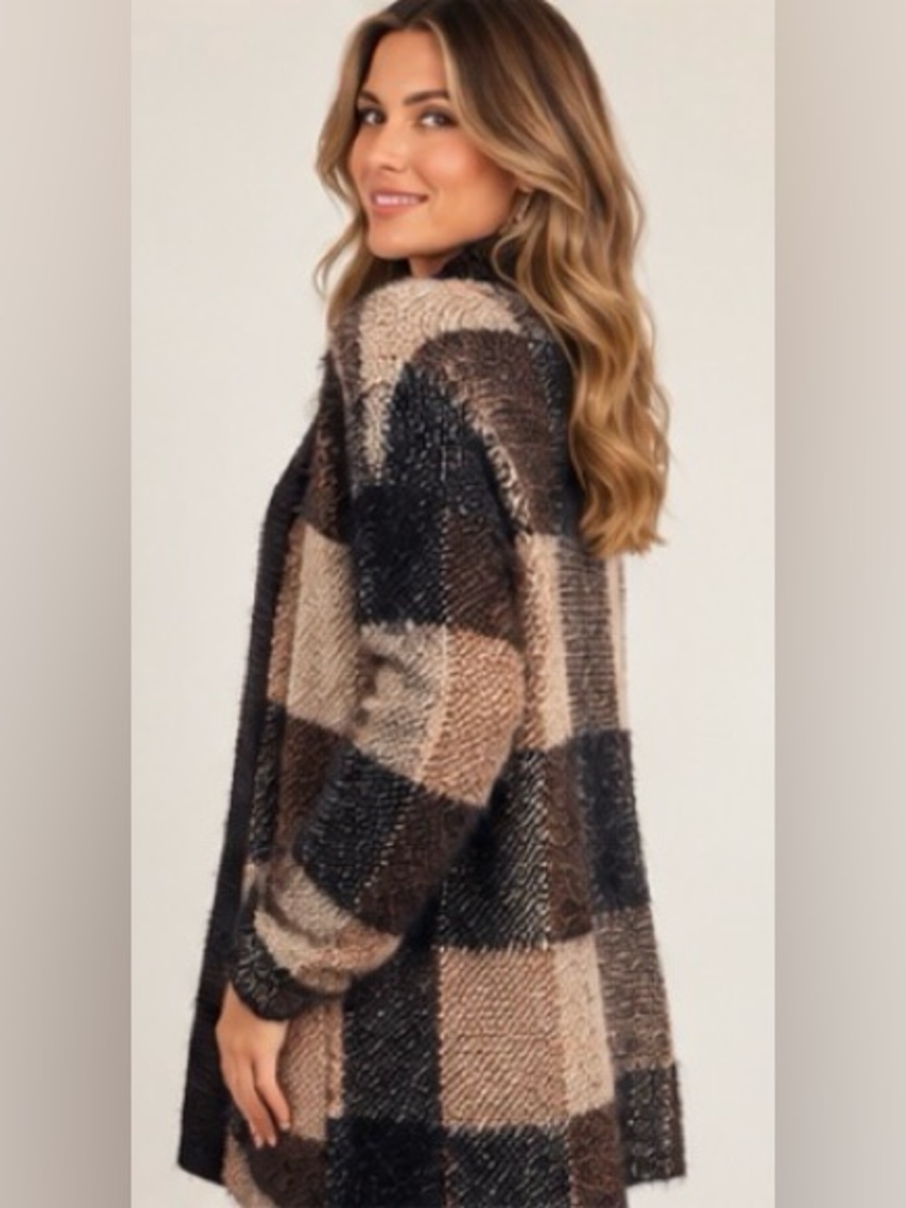 Black Tape Plaid Knit Cardigan in Brown & Black Medium Like